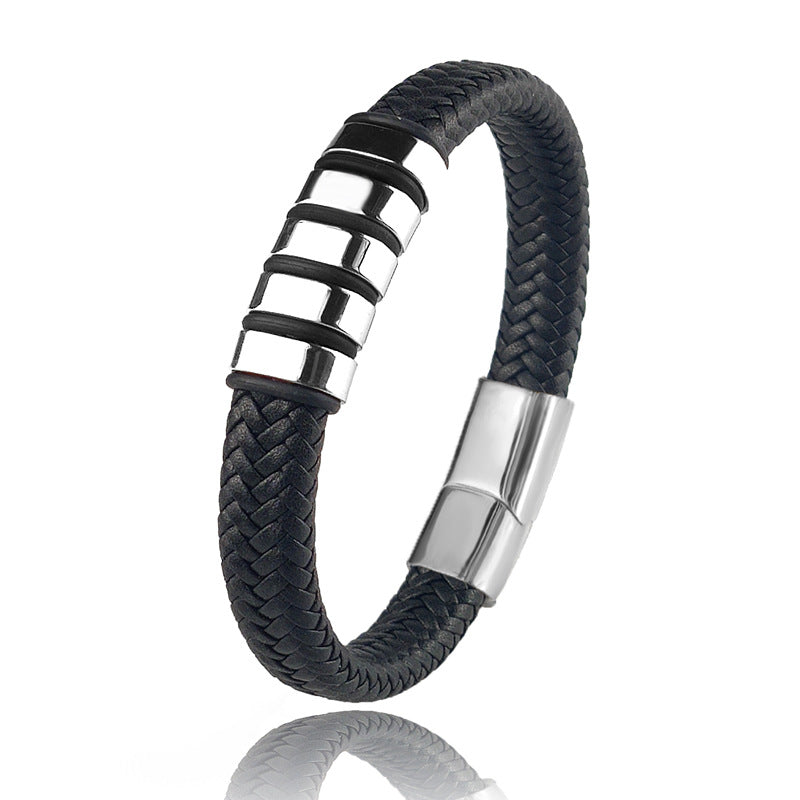 "Heritage Men's Stainless Steel Leather Bead Charm Bracelet | Roljord" Roljord