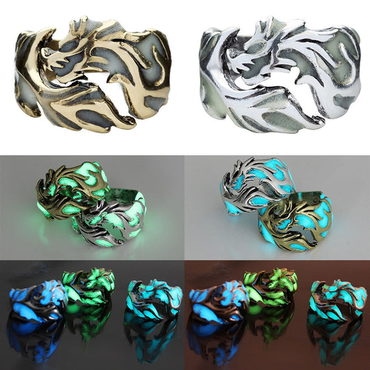 "Vintage Men's Ring - Dragon's Embrace. Adjustable band, personalized night lights. Material: Copper, Silver Gold Plating. Weight: 8g."