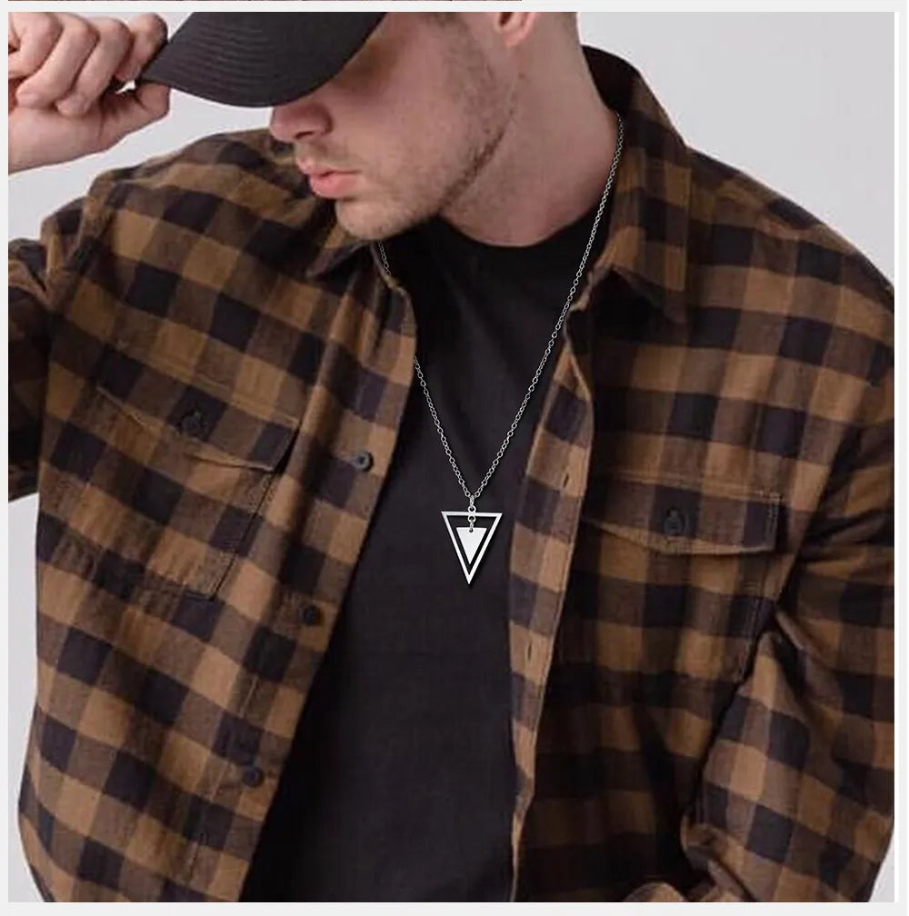 "Urban Geometry: Men's Hexagon Pendant Necklace with Triangle and Square Motif" - Roljord