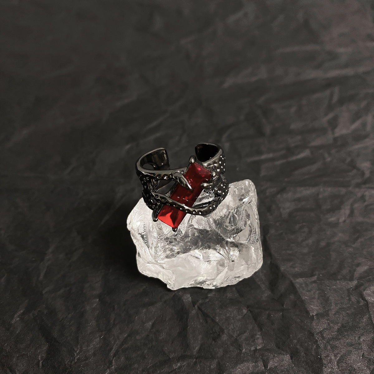 "Crimson Shadow - Dark Black & Red Zircon Ring for Men and Women. Geometric design with adjustable opening."