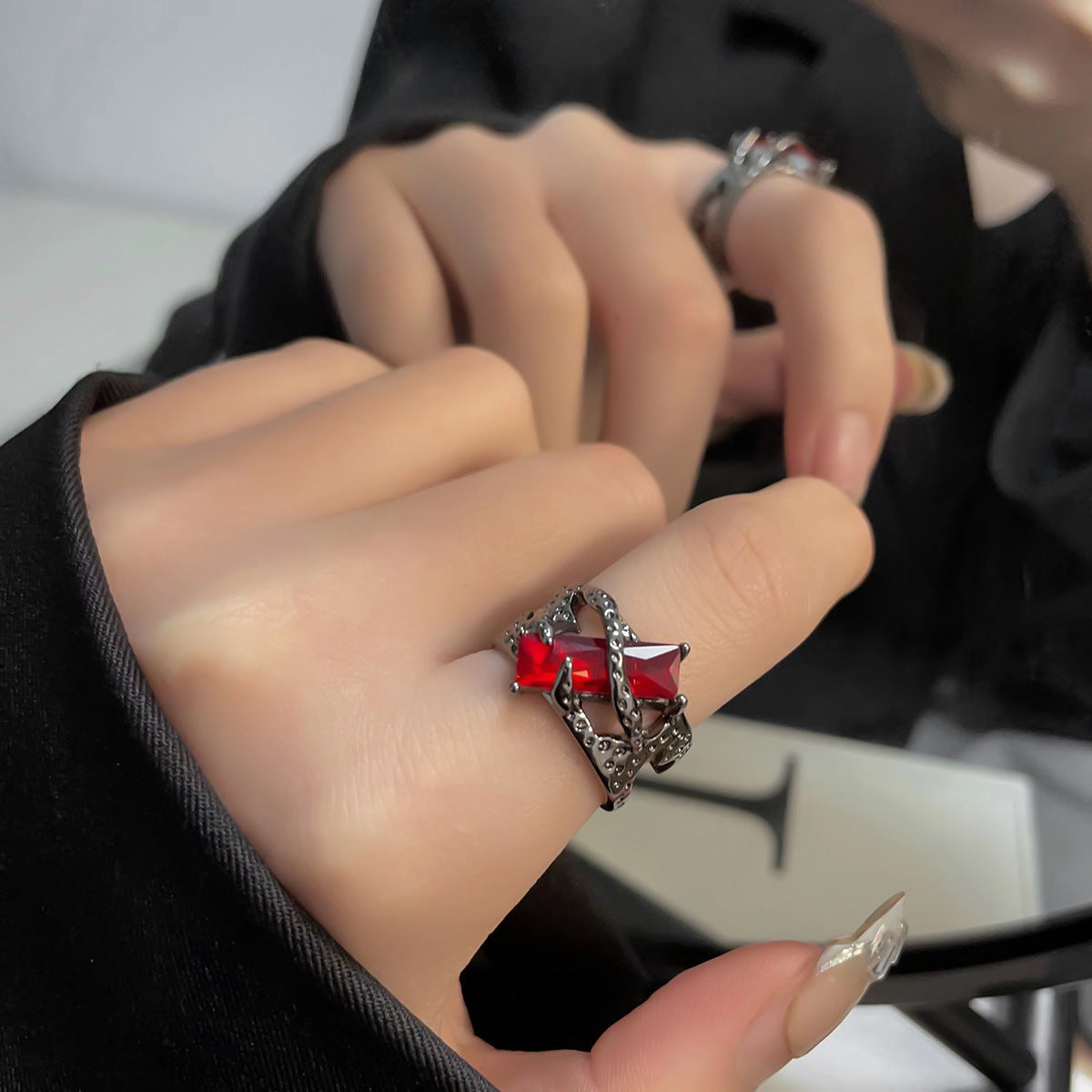 "Crimson Shadow - Dark Black & Red Zircon Ring for Men and Women. Geometric design with adjustable opening."