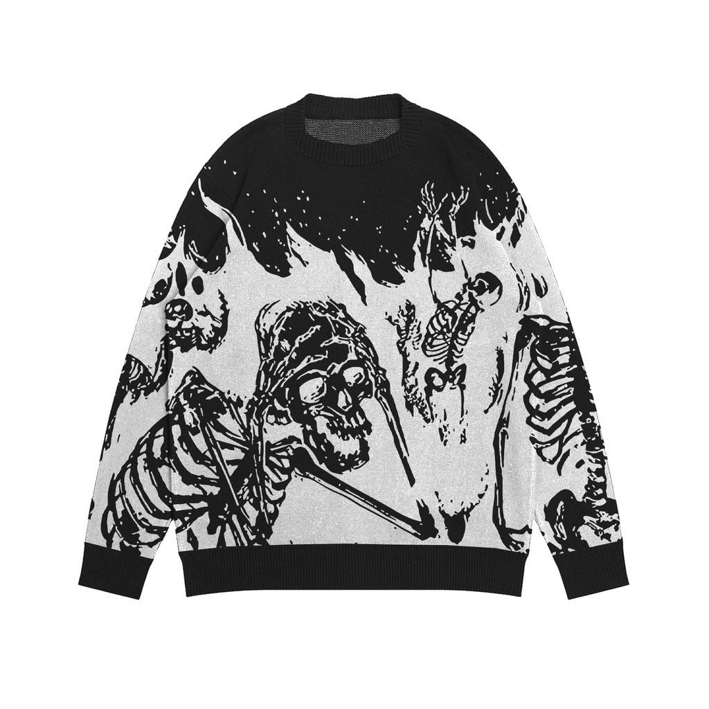 A black and white sweatshirt featuring playful skeleton designs, perfect for a spooky yet stylish look.