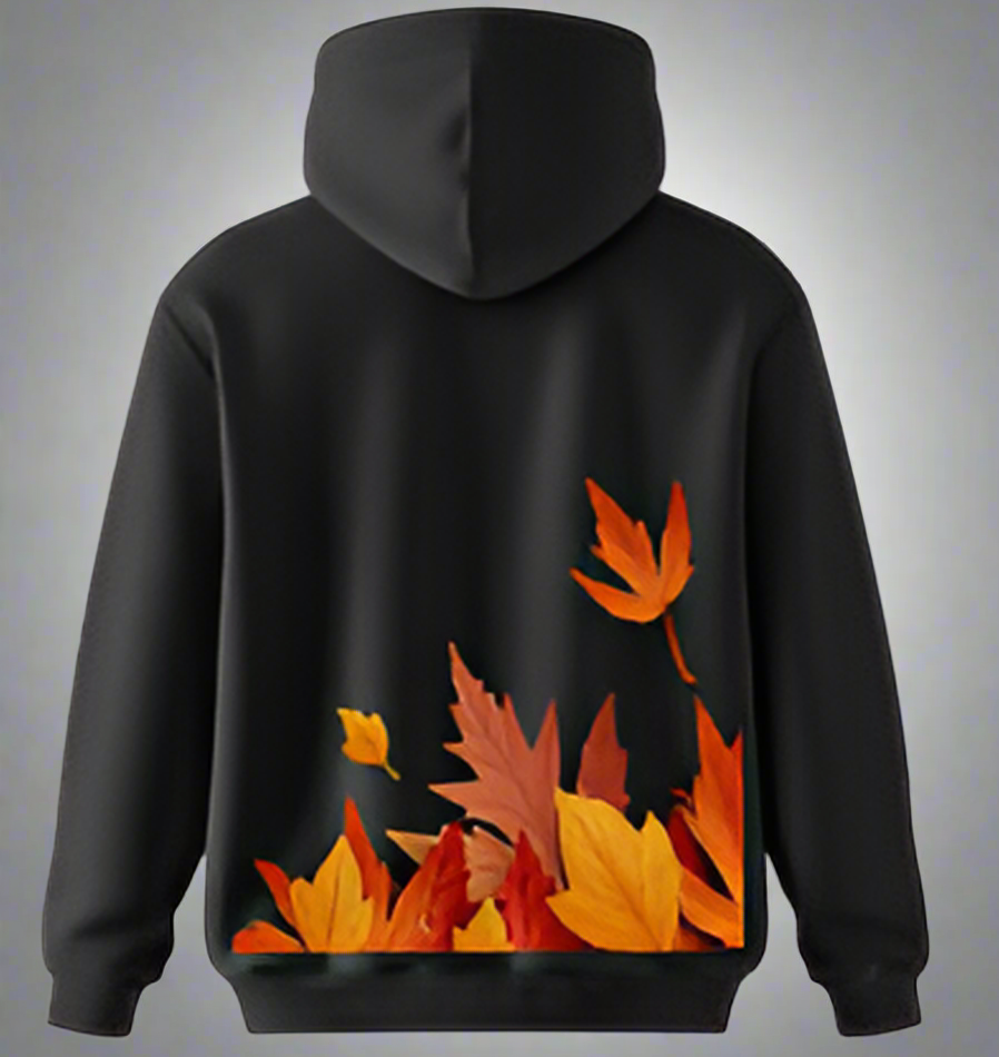 A black hoodie featuring vibrant orange leaves, perfect for autumn vibes and cozy style.