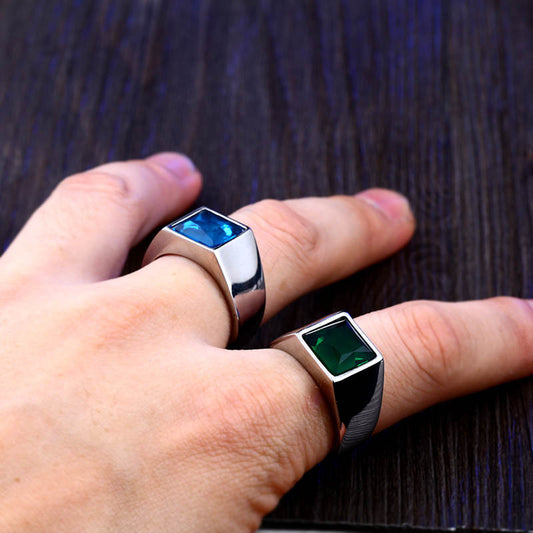 "Stainless Steel Retro Men's Ring with Inlaid Geometric Jewel"