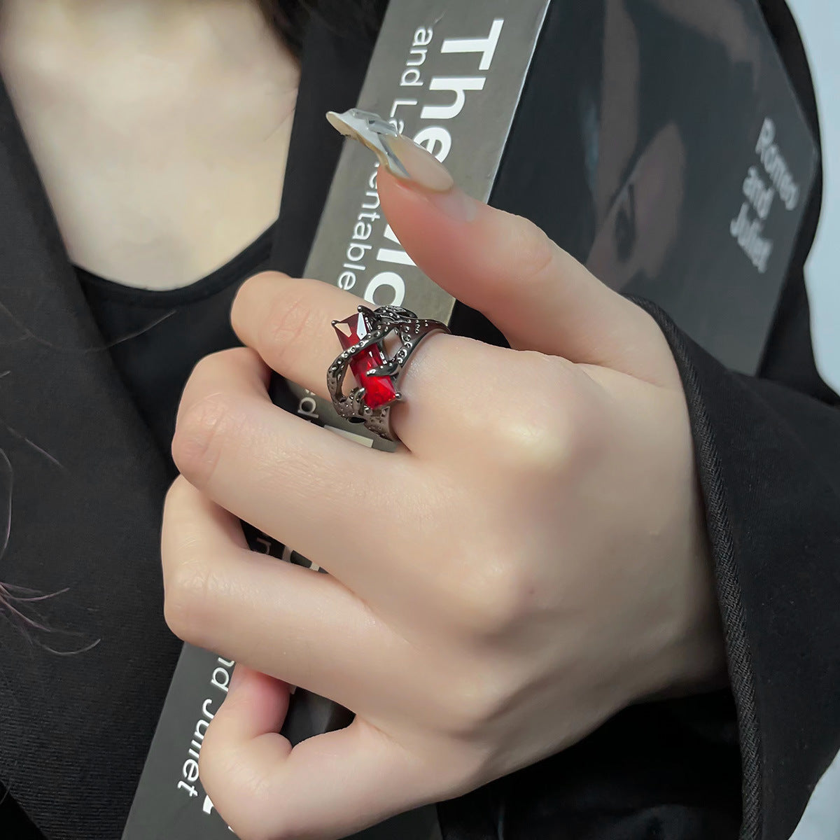 "Crimson Shadow - Dark Black & Red Zircon Ring for Men and Women. Geometric design with adjustable opening."