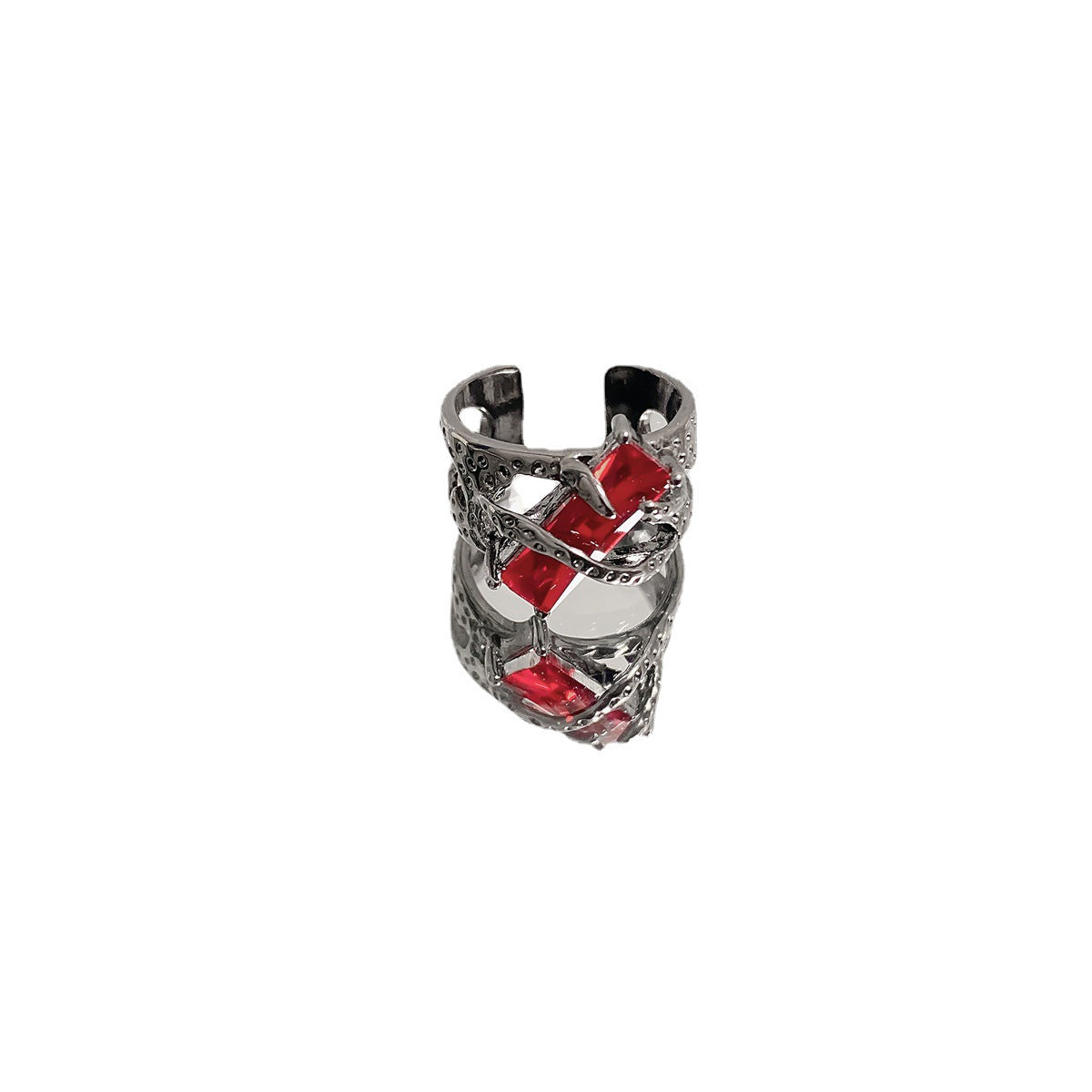 "Crimson Shadow - Dark Black & Red Zircon Ring for Men and Women. Geometric design with adjustable opening."