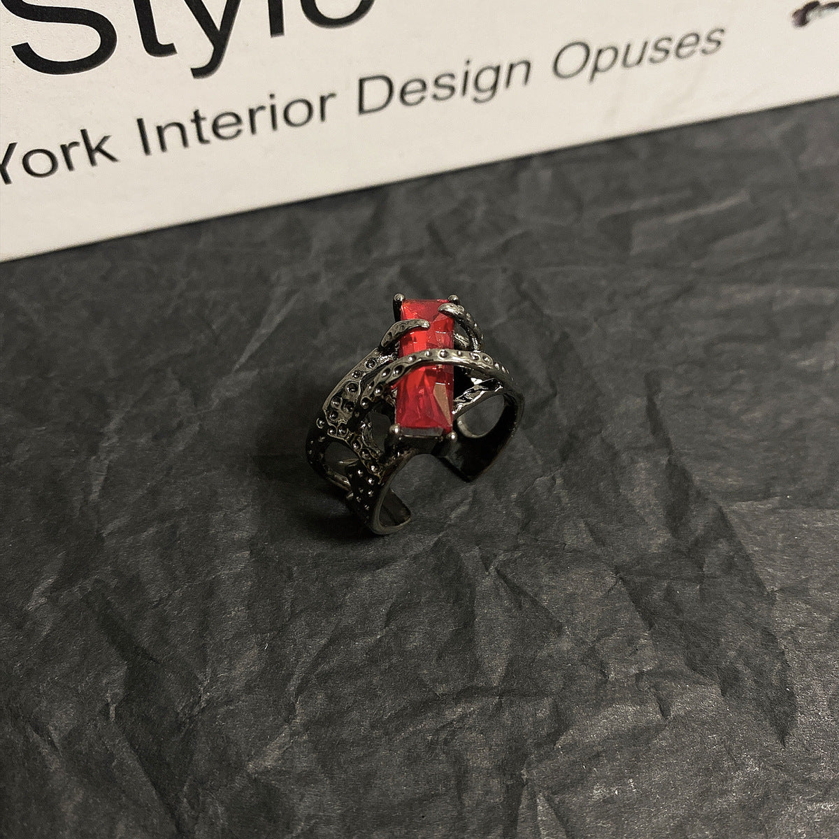 "Crimson Shadow - Dark Black & Red Zircon Ring for Men and Women. Geometric design with adjustable opening."